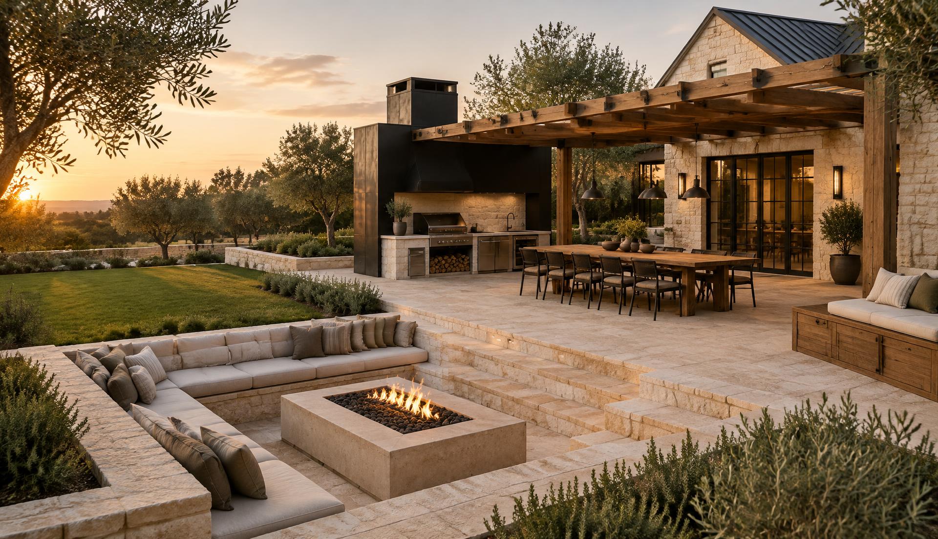 Limestone terrace at golden hour with sunken firepit lounge, outdoor kitchen and long dining table under a timber pergola