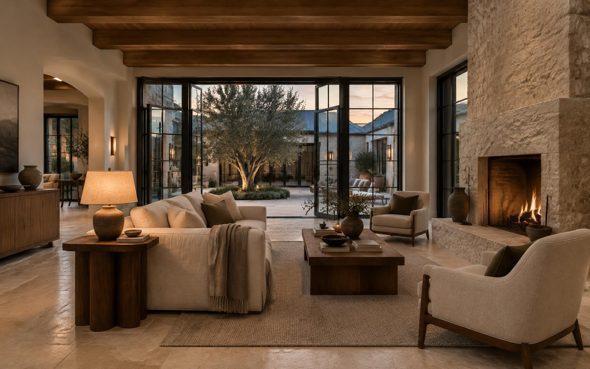Sunlit living room with a limestone fireplace, linen sofa, oak floors and large steel-framed windows